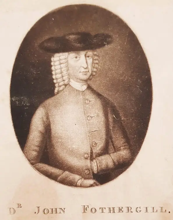 Engraved portrait of Dr. John Fothergill in a curled wig and hat, in an oval frame