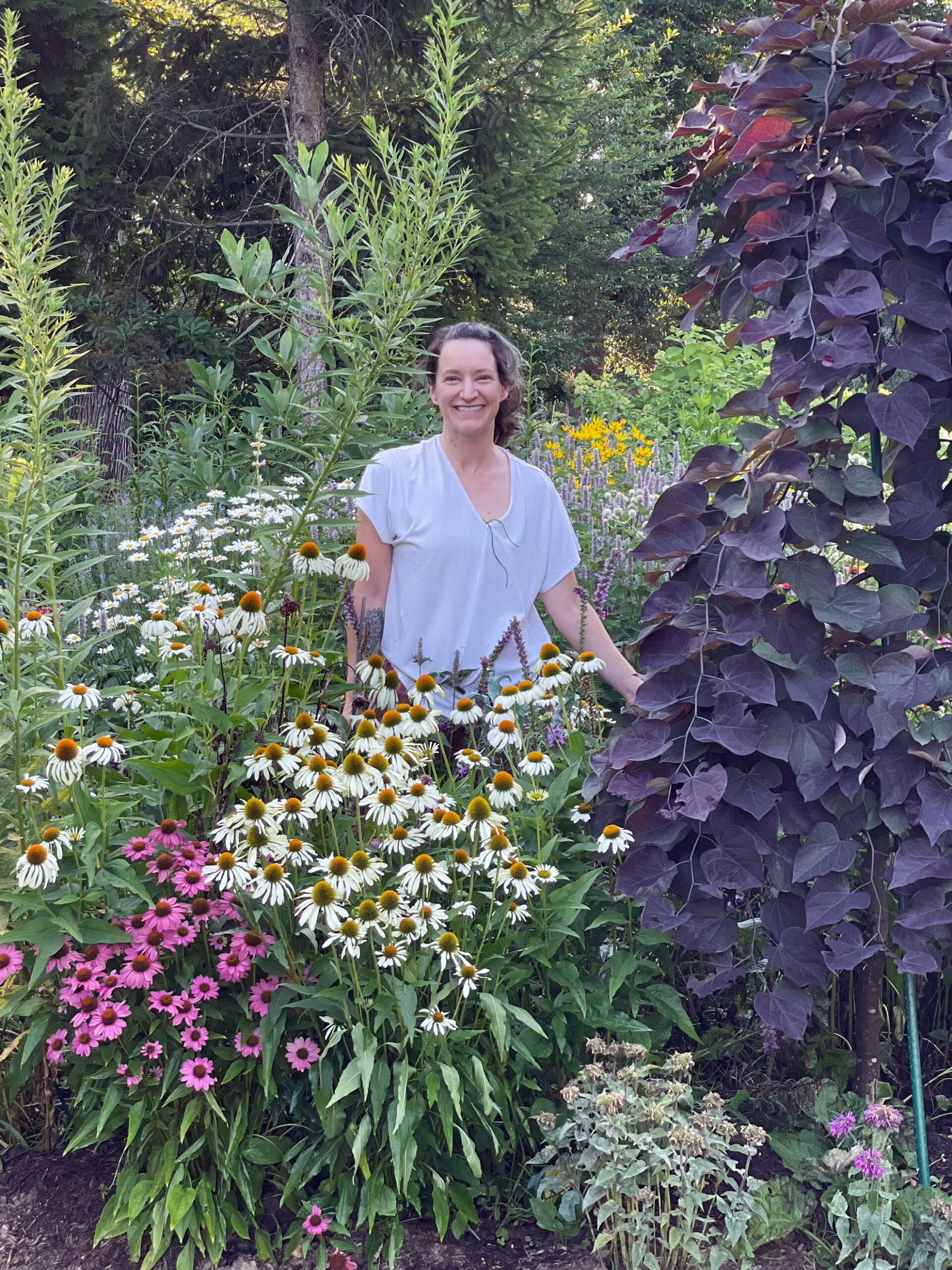 Emily Lessard in her Philadelphia garden among coneflowers, two years after she started planting natives