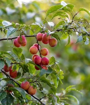 Cluster of pinkish plums hanging from a leafy tree branch in a sunny orchard